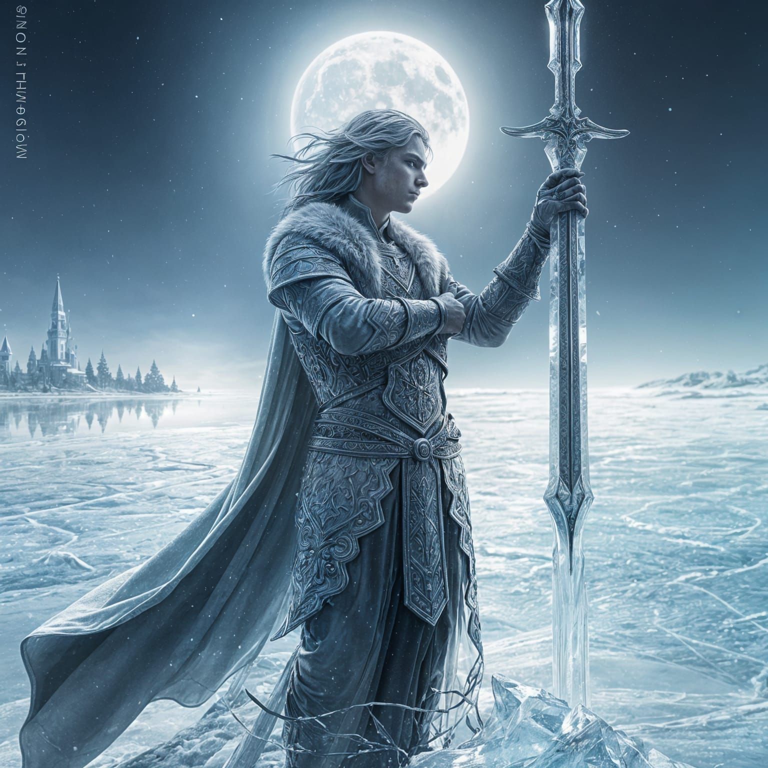 Victorious King Arthur Ice Sculpture in Moonlit Glory