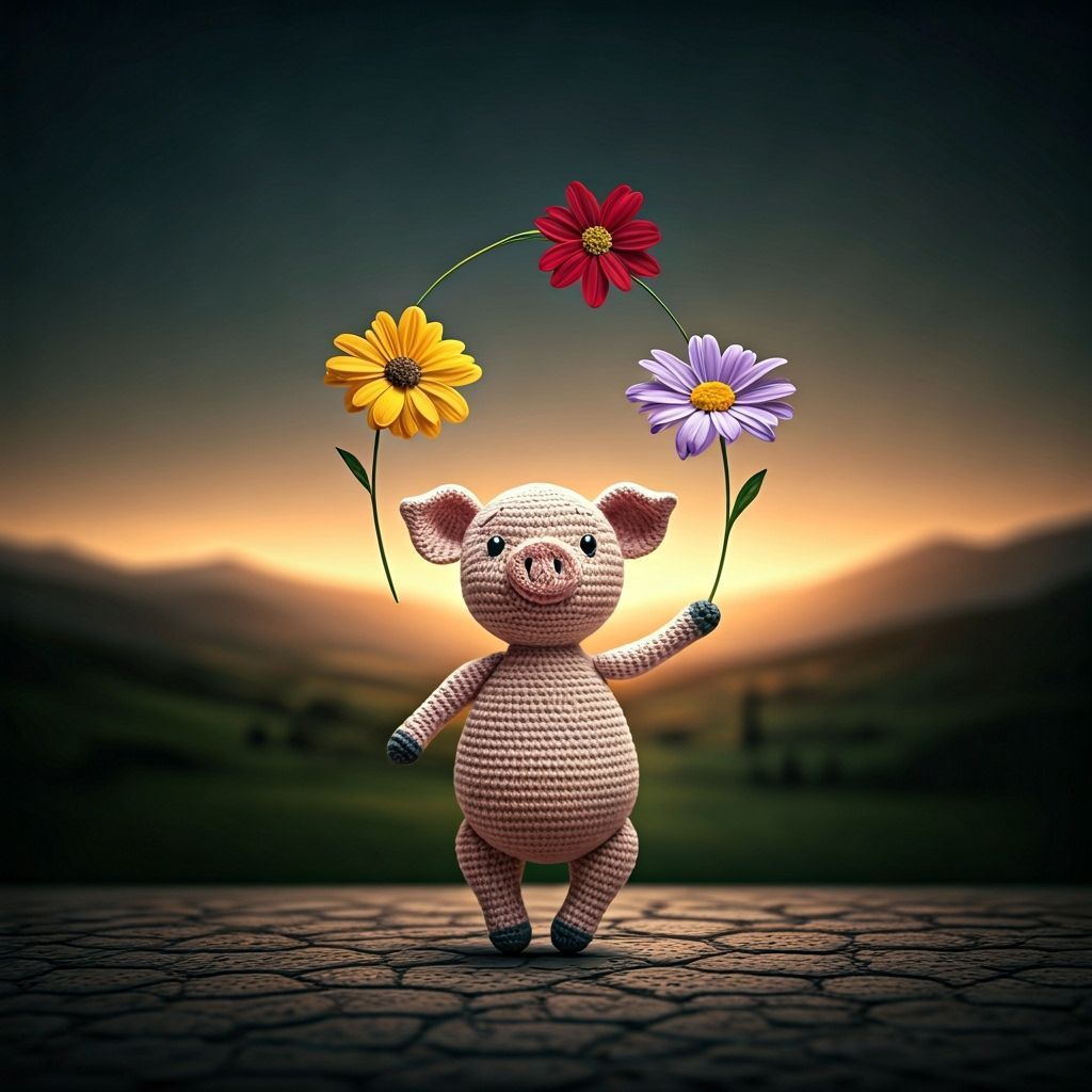 Surreal Crocheted Pig Juggling Flowers in Idyllic Italy