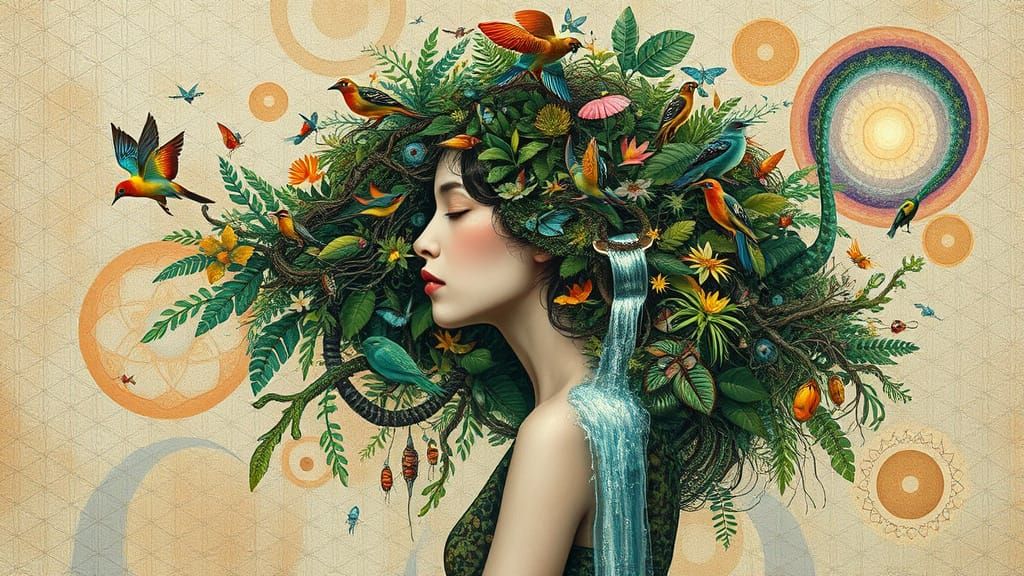 Woman with Rainforest Hair: A Bio-Art Collage