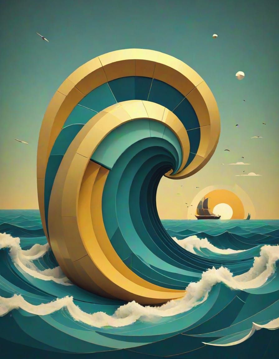 Golden Ratio Art Deco Seascape in Low Poly Retro Style
