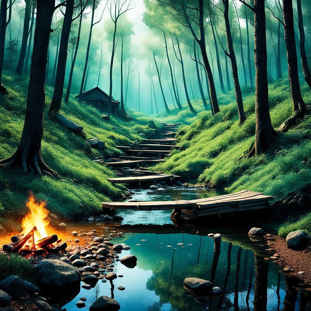 Mystical Campsite in Misty Forest Clearing