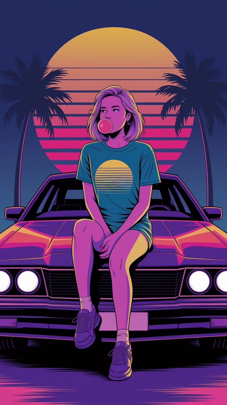 Synthwave Sunset Scene with Retro Futuristic Flair