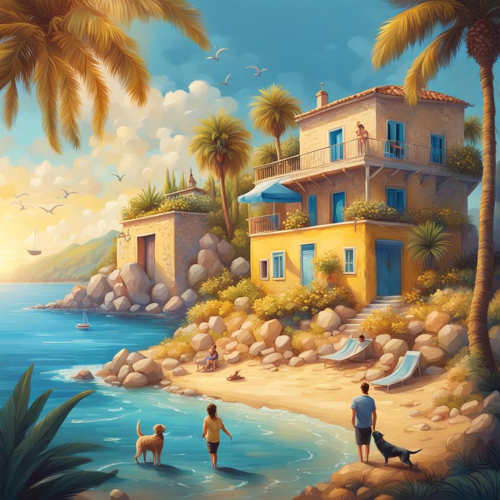 Mediterranean Island Scene in Hyperrealistic Style