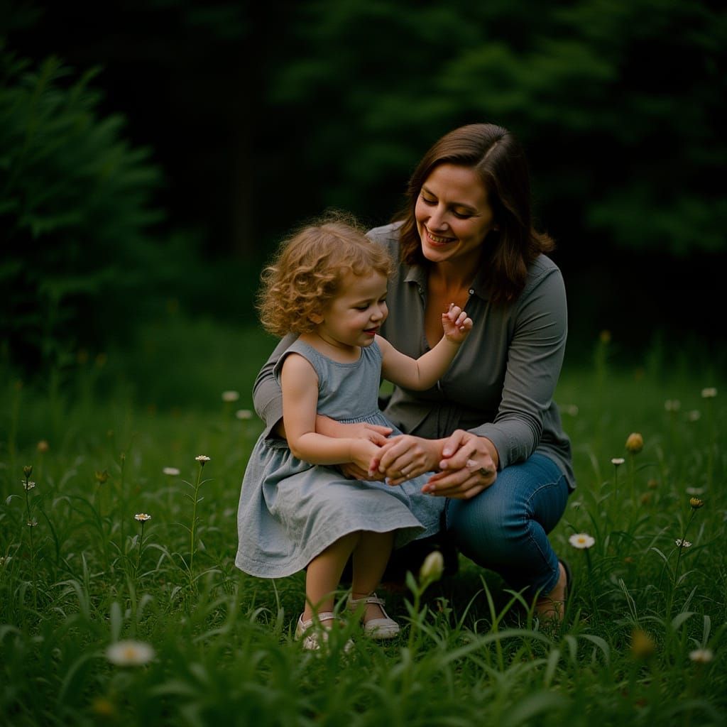 Mother and Daughter in Lush Garden: Cinematic Film Still