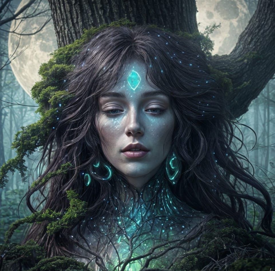 Tree Transforms into Woman Under Autumn Moon