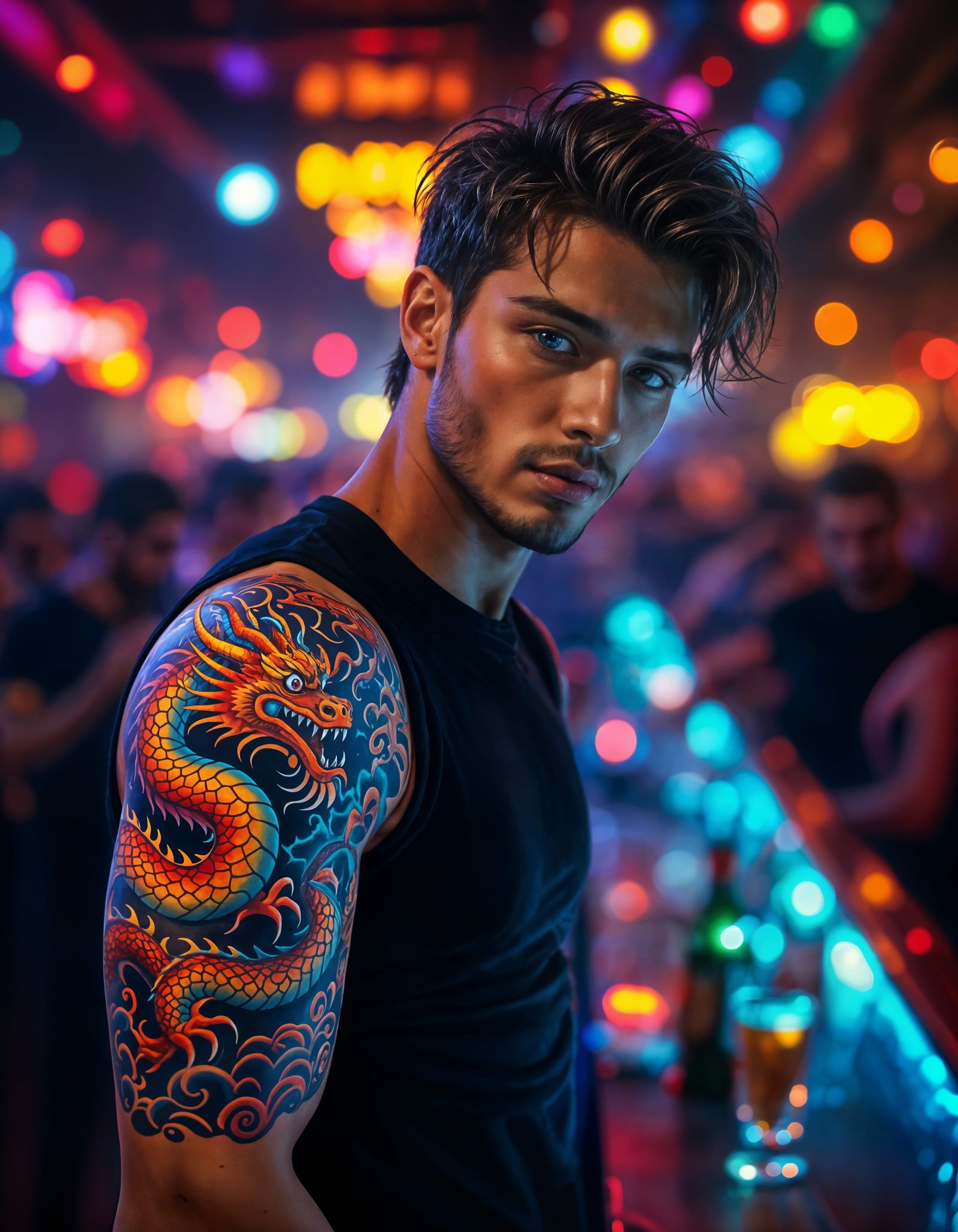 Gay Man with Dragon Tattoo in Nightclub