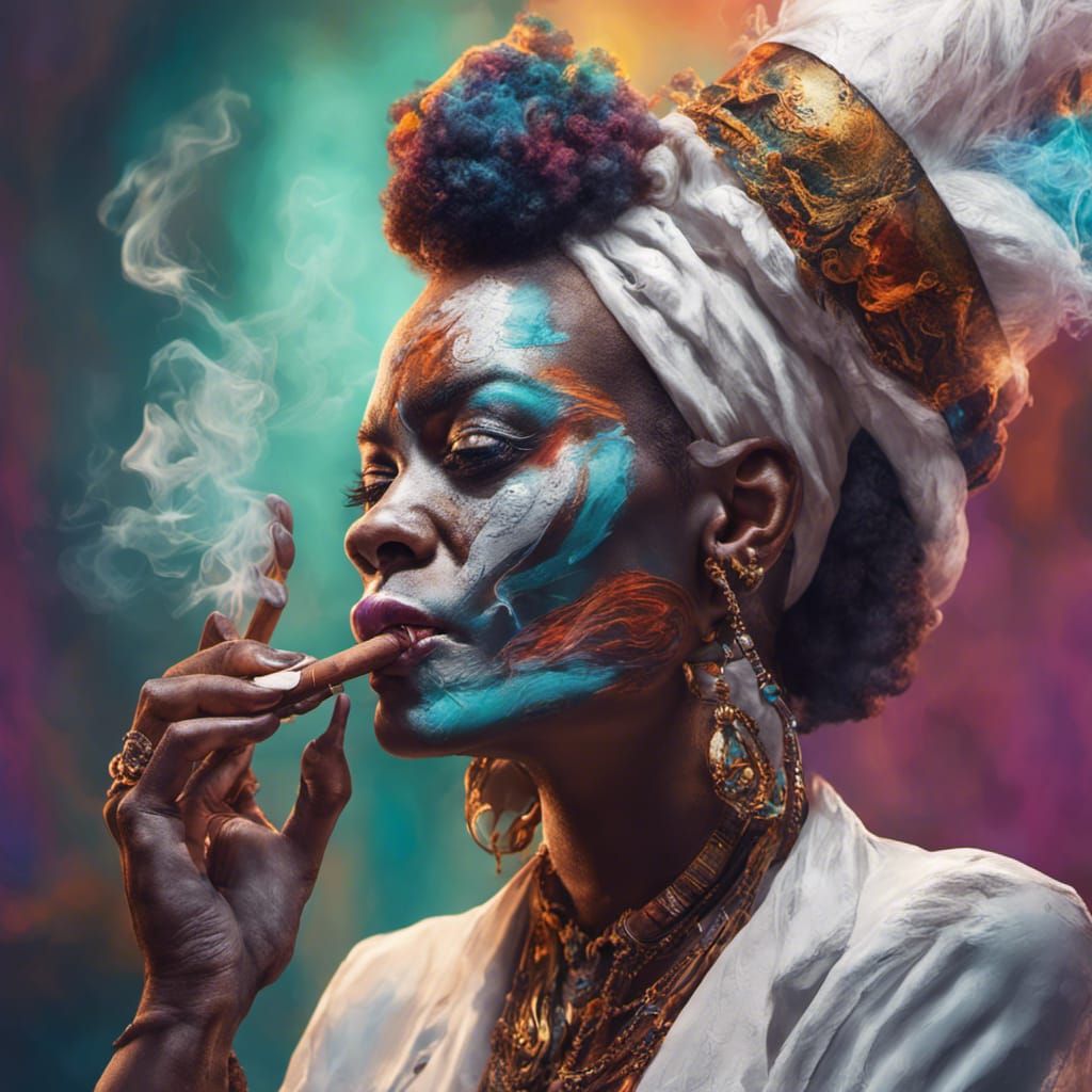 Hyperrealistic Voodoo Queen Smoking a Cigar