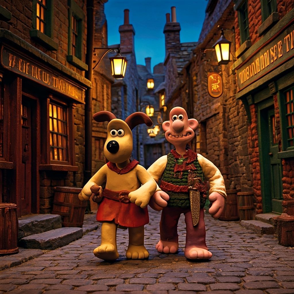 Wallace and Gromit walking a cobblestone alley
