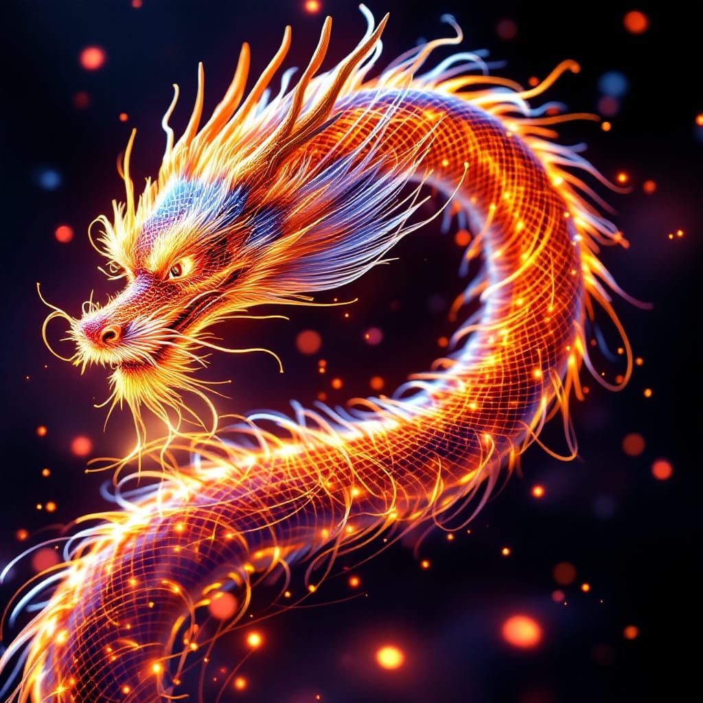 Fiber Optic Chinese Dragon in Slit-Scan Photography
