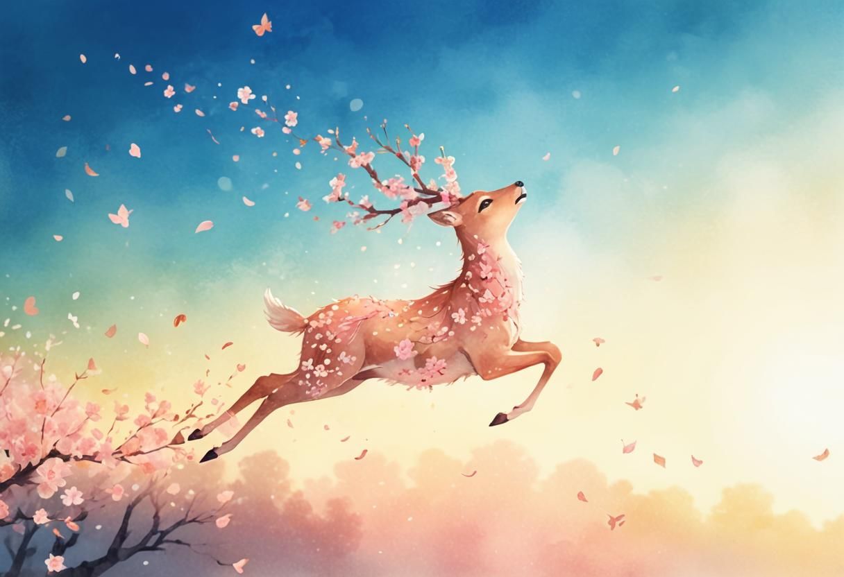 Cherry Blossom Deer in Whimsical Japanese Style