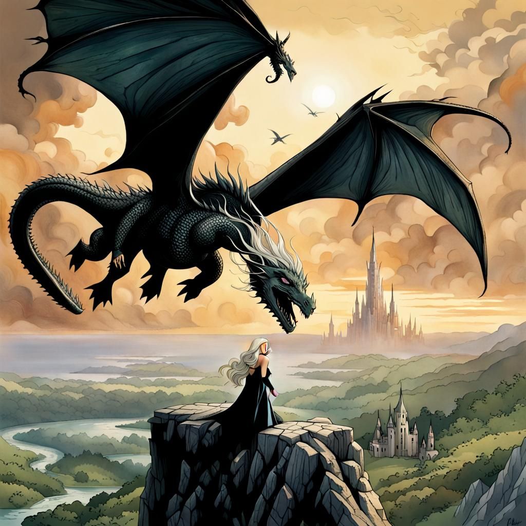 Daenerys and Dragon Flight Over Gondor