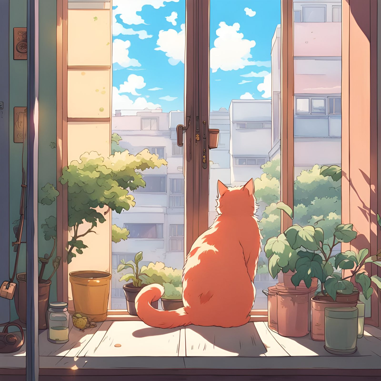 Lofi Cat in Anime Style Apartment