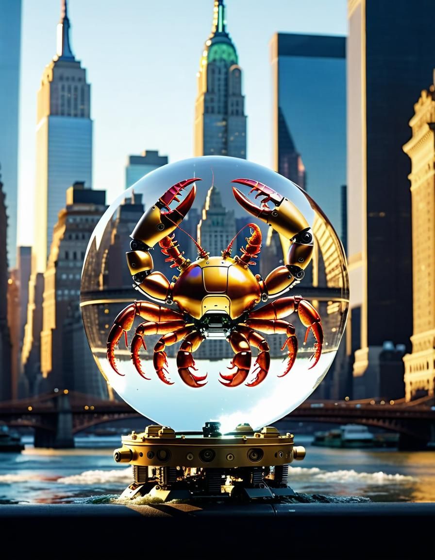 Robot Lobster in Orb Over New York City