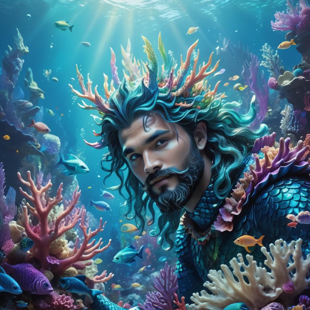 Surrealistic Underwater Kingdom with Majestic Merman
