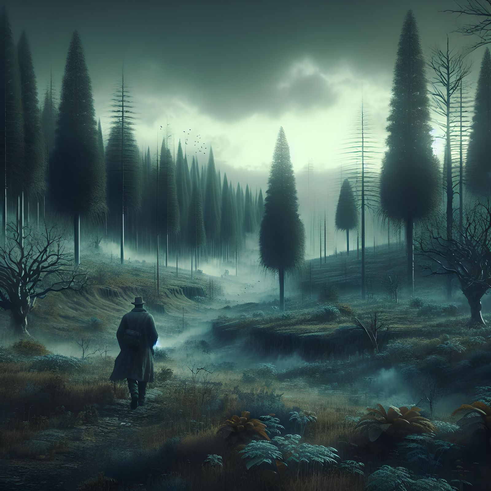 Melancholic Old Man in Gloomy, Diseased Forest