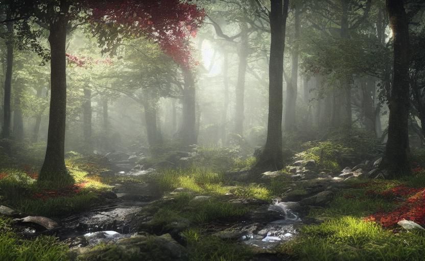 Vibrant Forest with Rainbow Light, Detailed Digital Painting