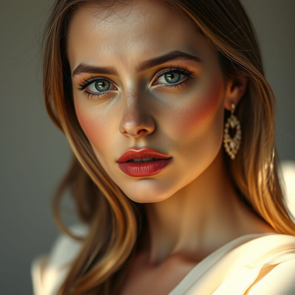 Exquisite Woman in Soft Silk Gown with Hyperrealistic Detail...