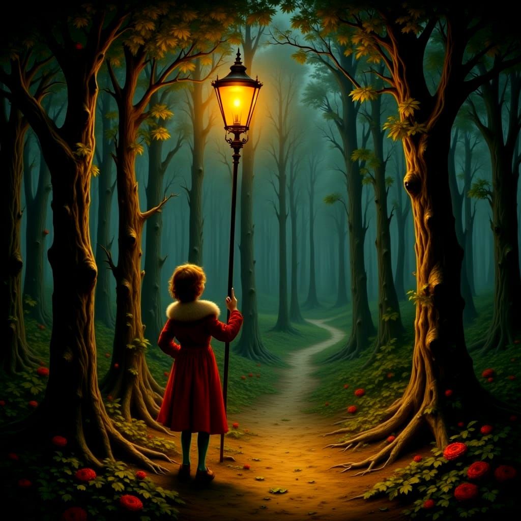 Child's Journey to a Lamplit Forest