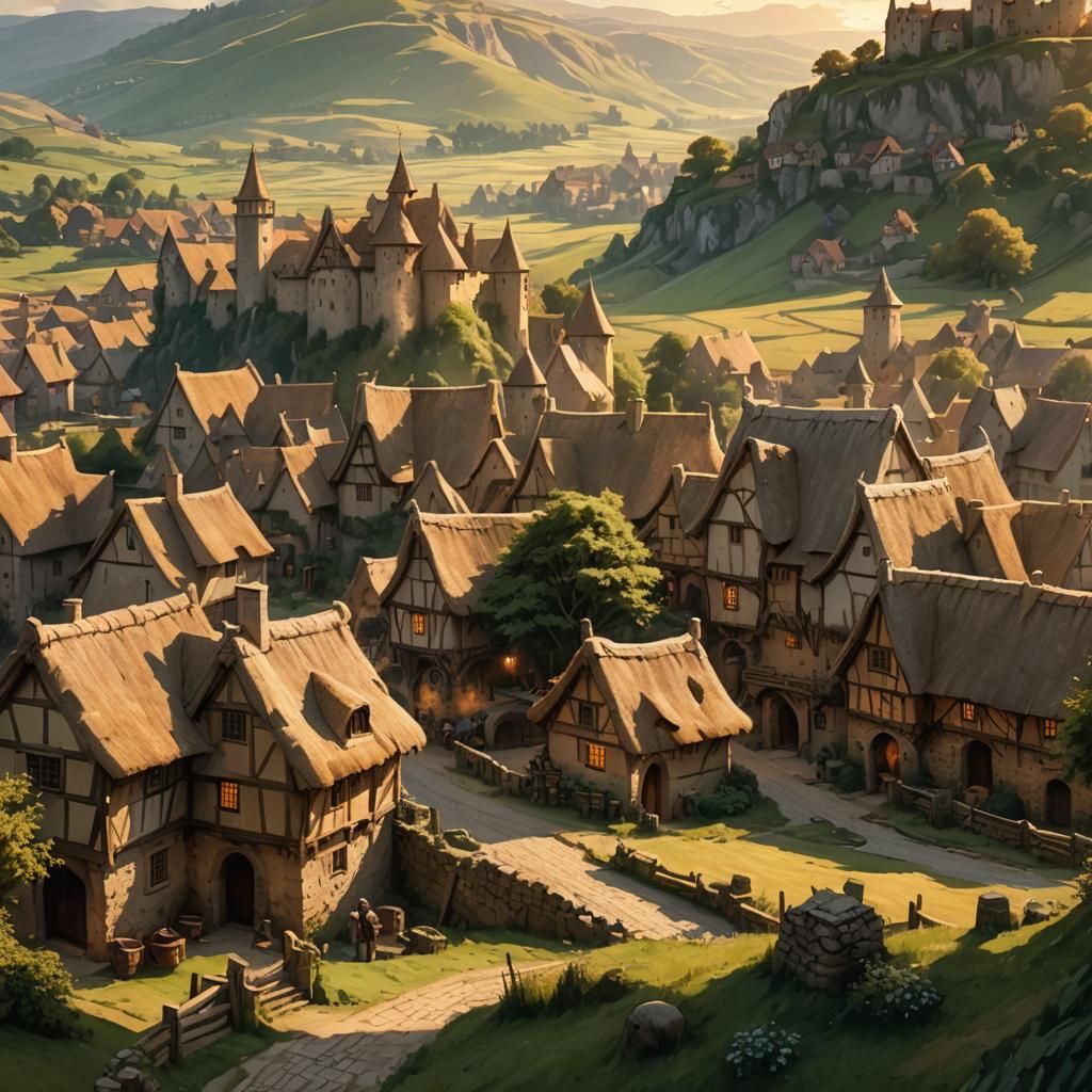 Medieval Village Sunset Landscape in Fantasy Style