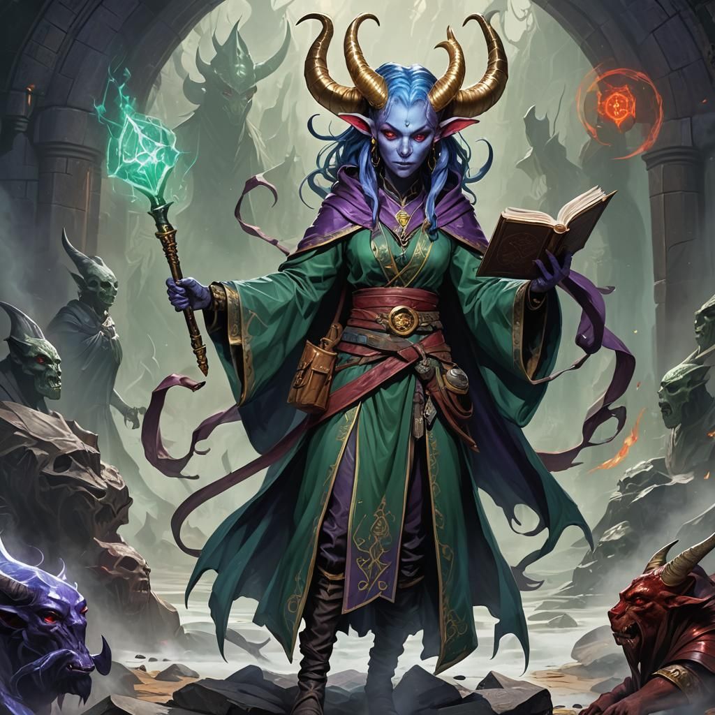 Tiefling Summoner with Golden Horns, Dark Fantasy Art