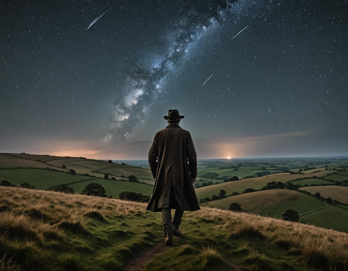 Man Watching Meteor Shower in Nocturne Landscape