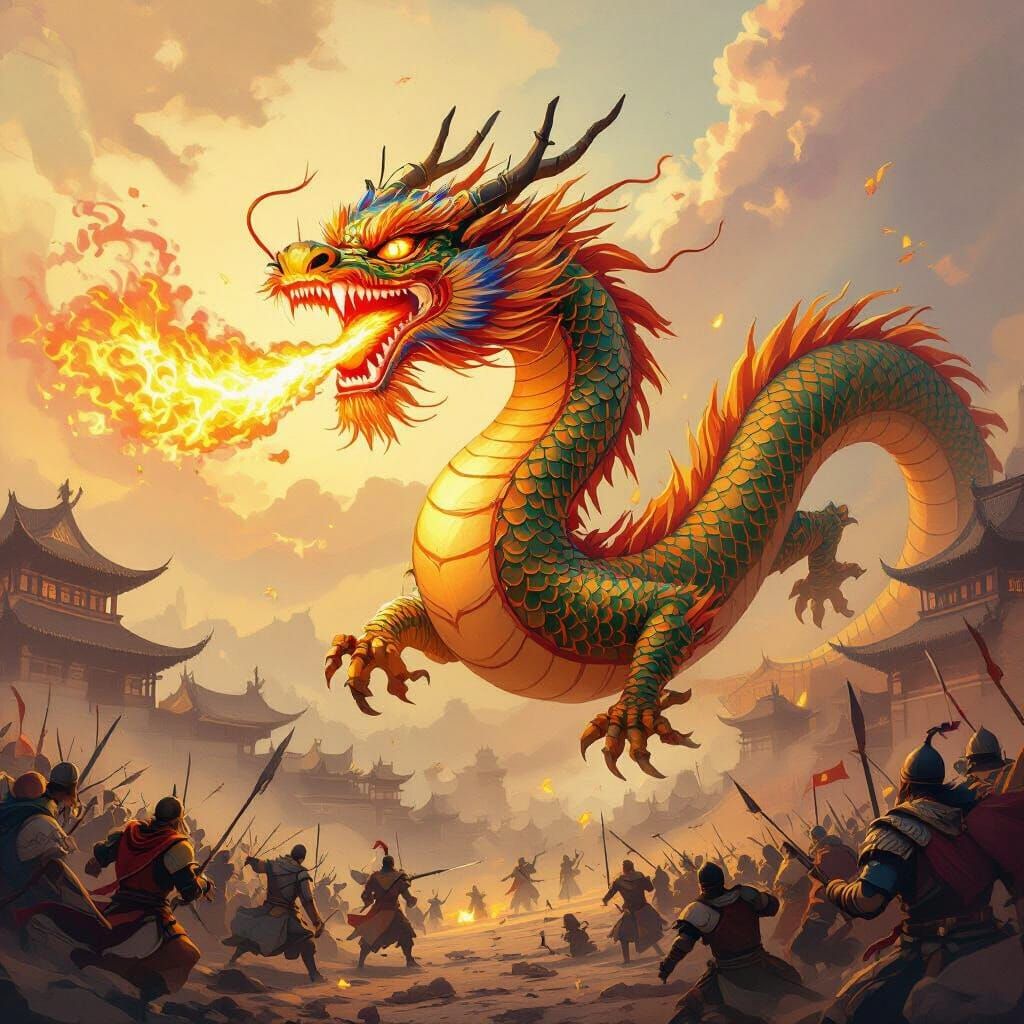 Chinese Dragon Roaring Above Battlefield, Golden Lighting