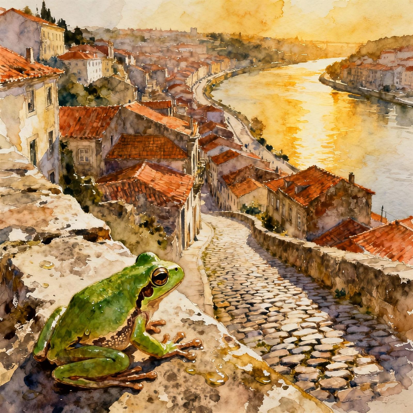 Portuguese City At Golden Hour, Watercolor Style