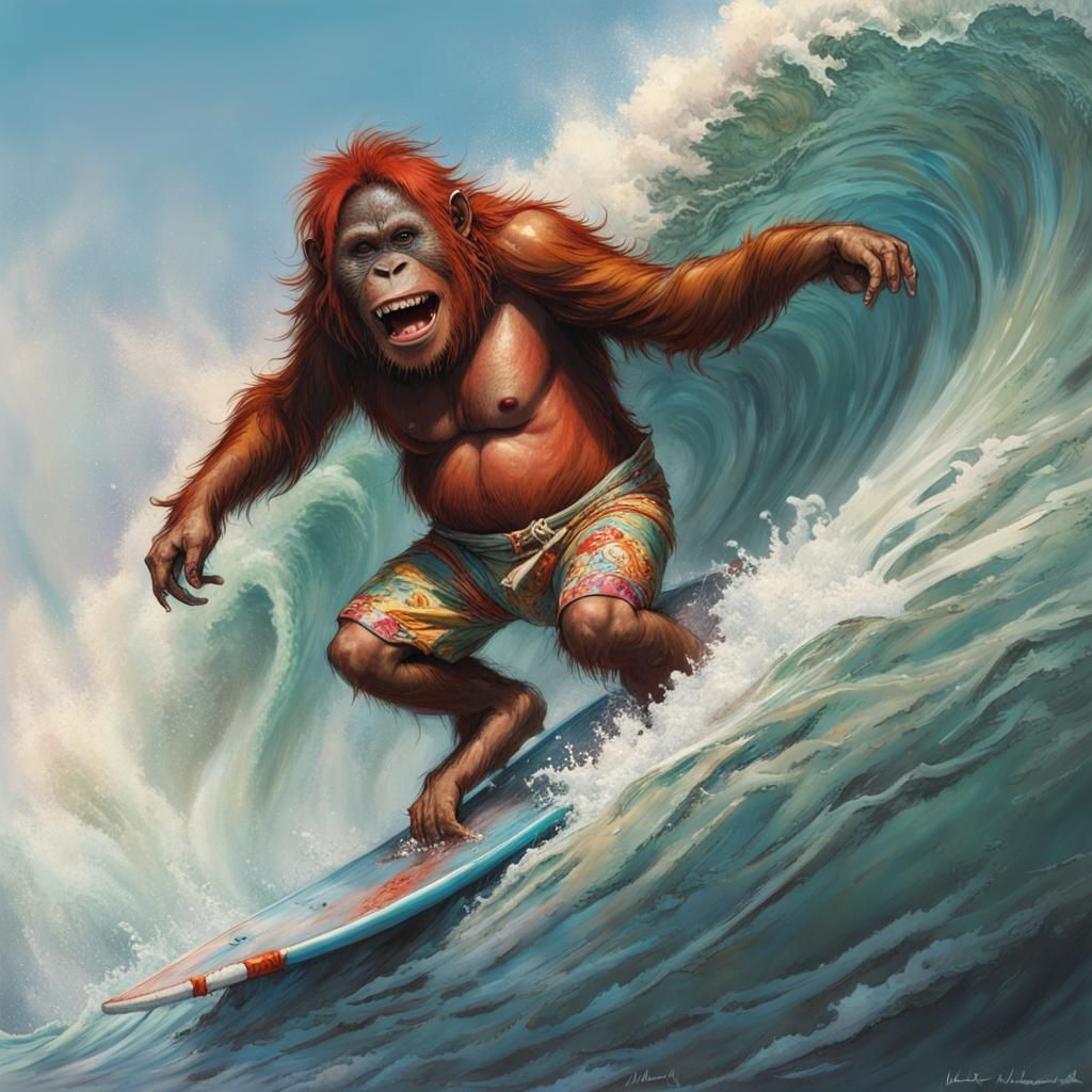 Orangutan Surfing Shark: Psychedelic Comic Art
