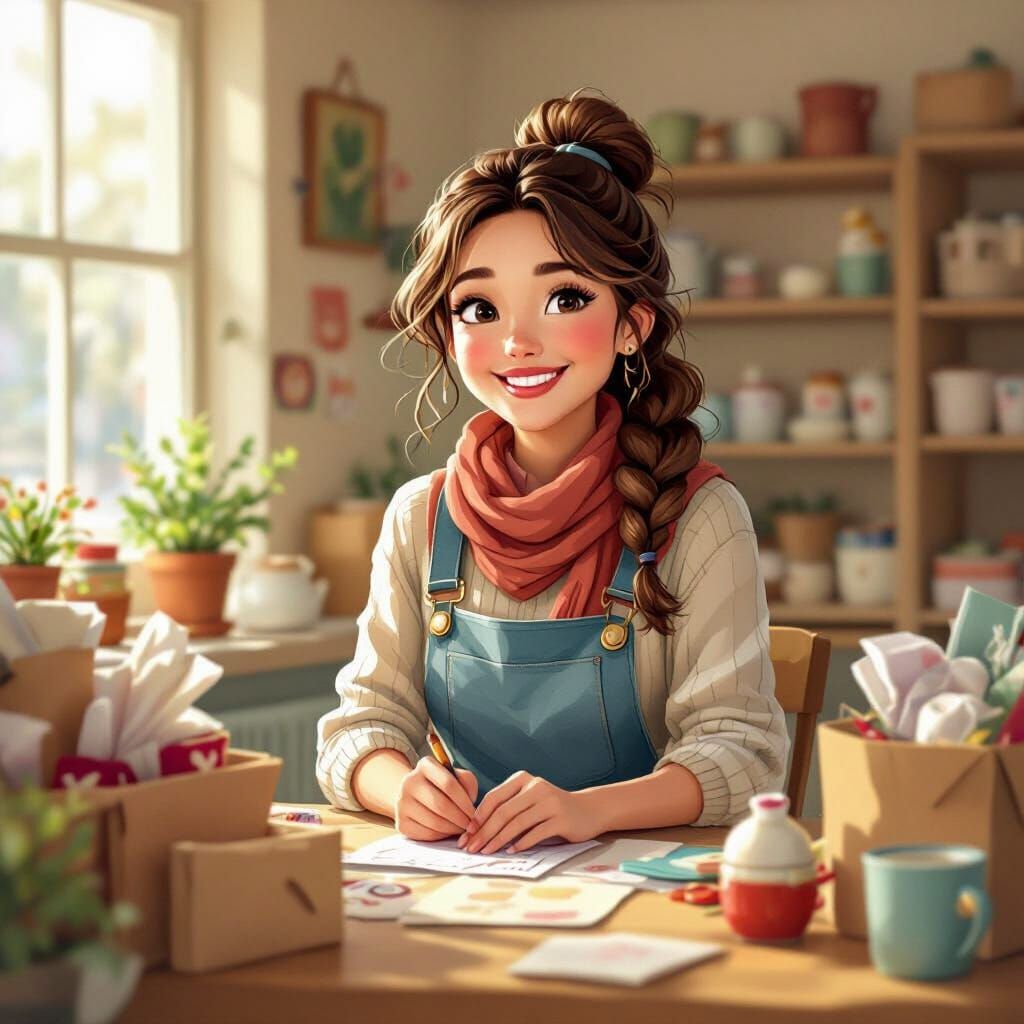 Charity Worker Surrounded by Donations, Whimsical Art