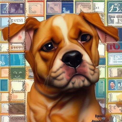 Pug Puppy Portrait in Postage Stamps Pile