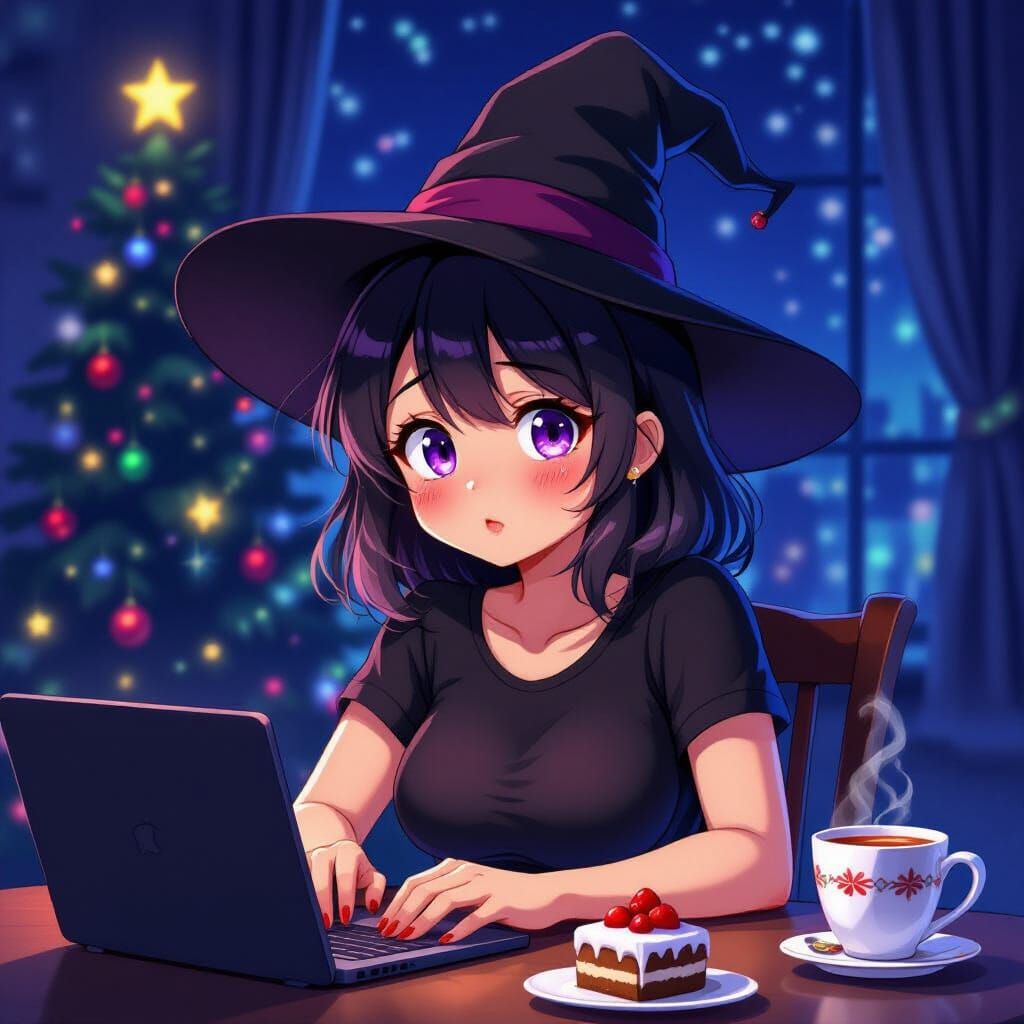 Anime Witch Working Late on Laptop