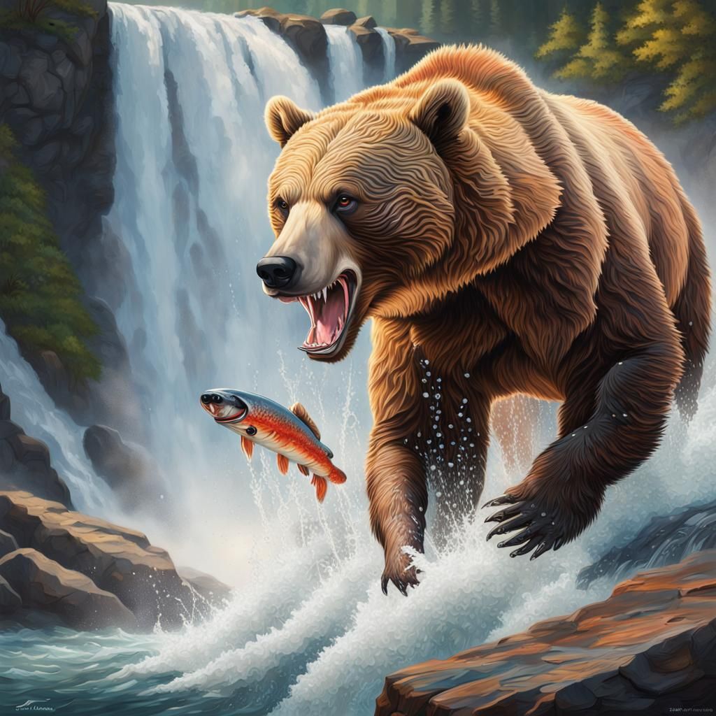 Grizzly Bear Salmon Catch in Splash Art Style