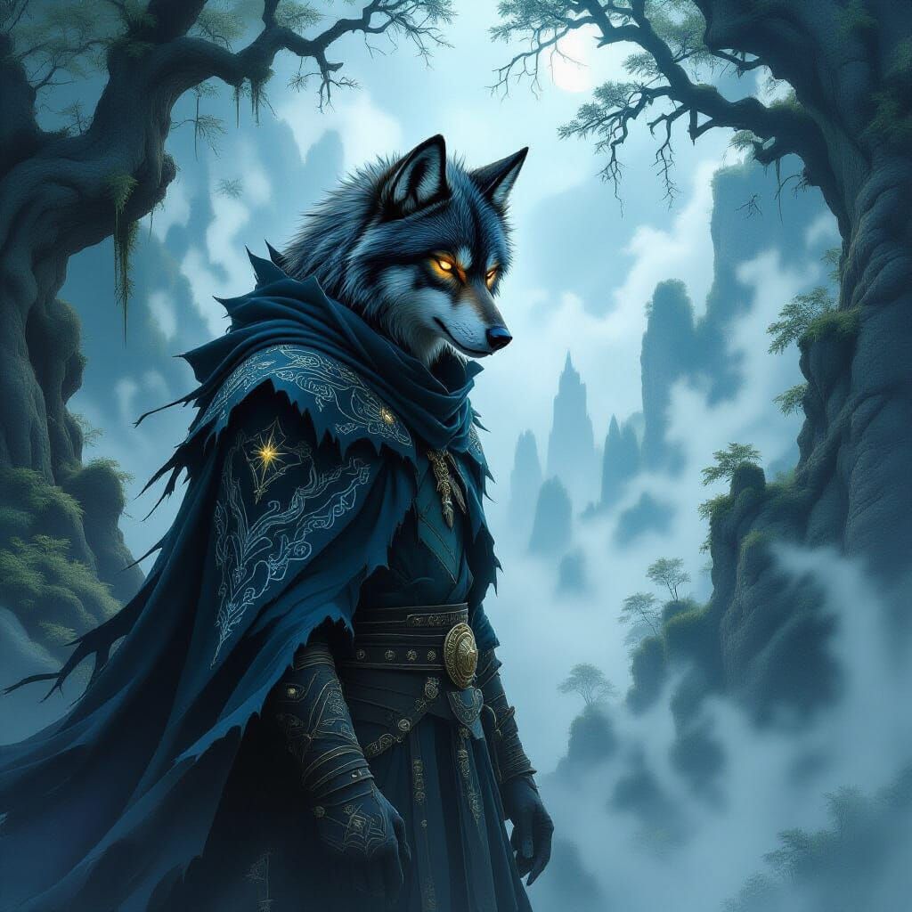 Wolf Boy in Mystical Forest Graphite Drawing