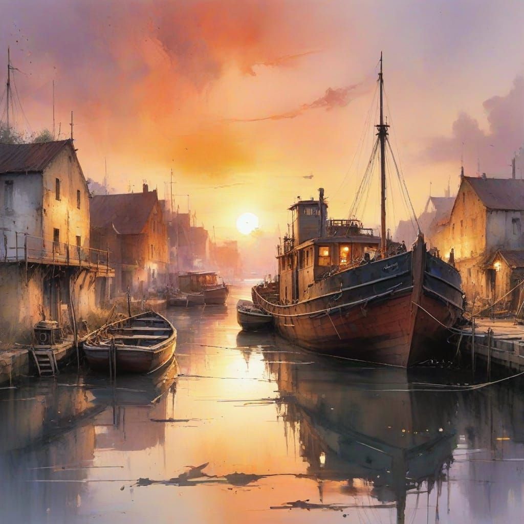 Romantic Watercolour Sunset in a Rustic Dockyard