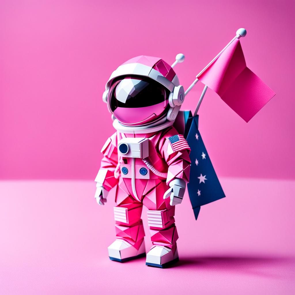 Cute Pink Origami Astronaut Toy with DREAMOB Flag