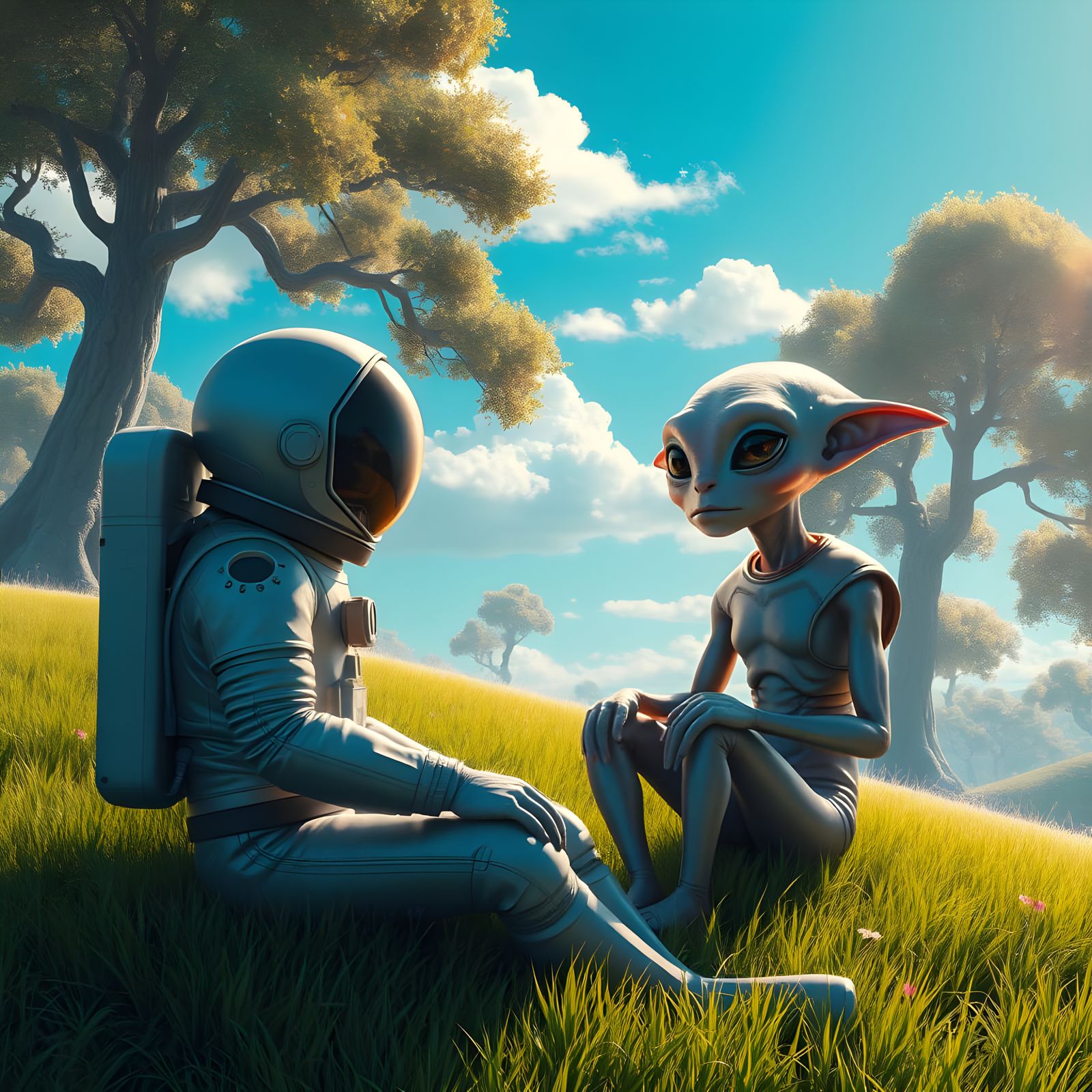 Friendly Alien Encounter in a Fantastical Landscape