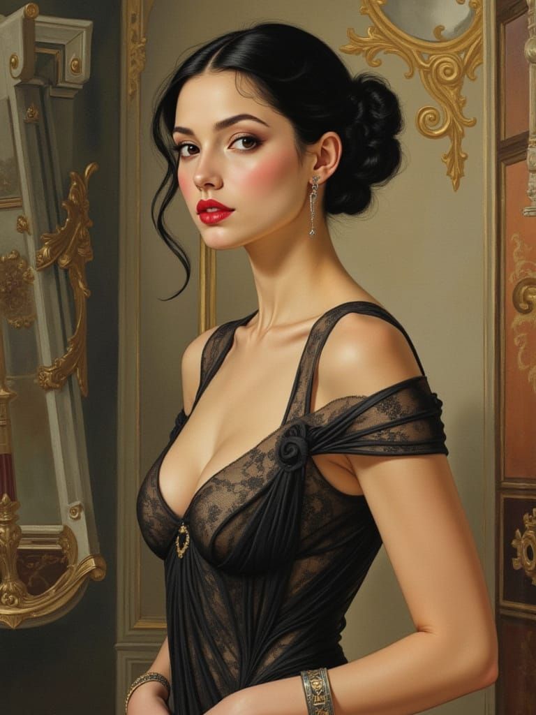 Sultry Art Deco Portrait in Crimson and Black