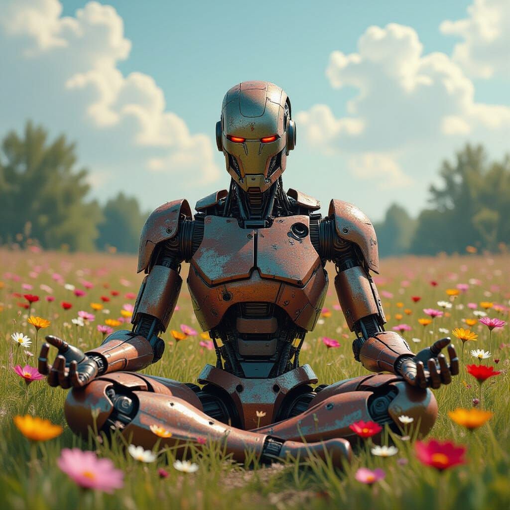 Meditating Robot in Vibrant Post-Apocalypse Fairytale