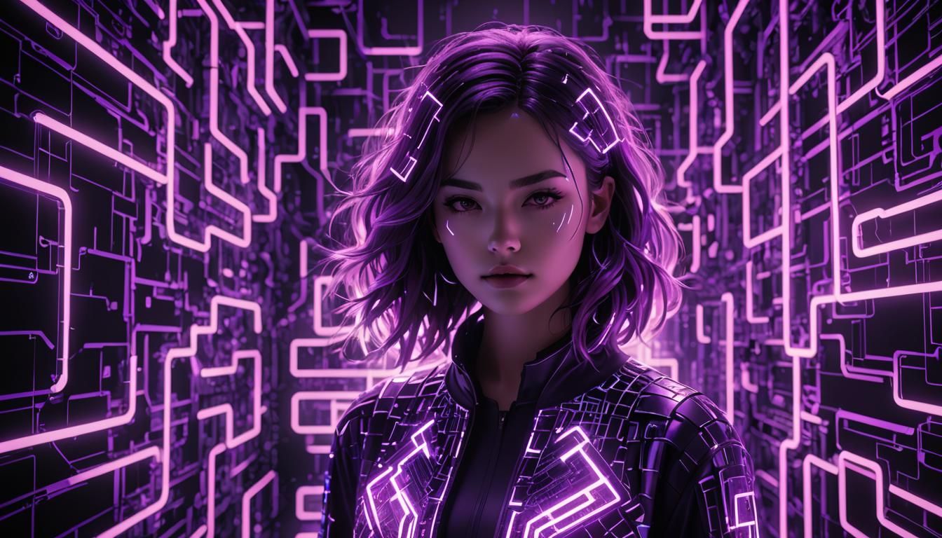 Neon Mosaic Girl in Electric Purple World