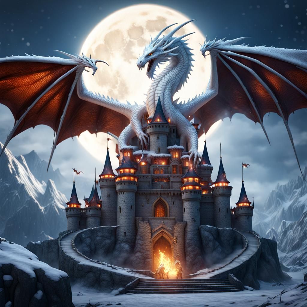 Moonlit Castle Dragon in Detailed Matte Painting