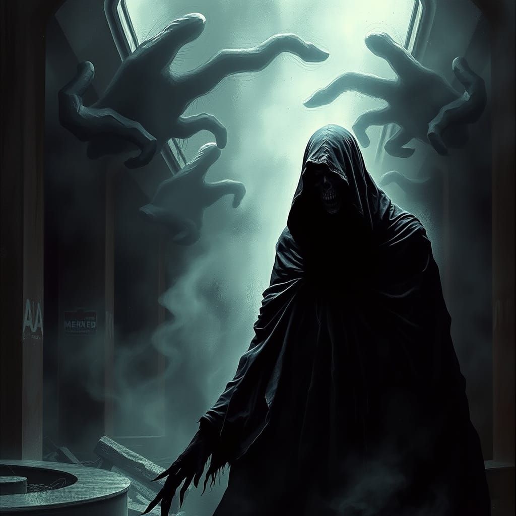 Eerie Dark Figure in Dystopian Landscape