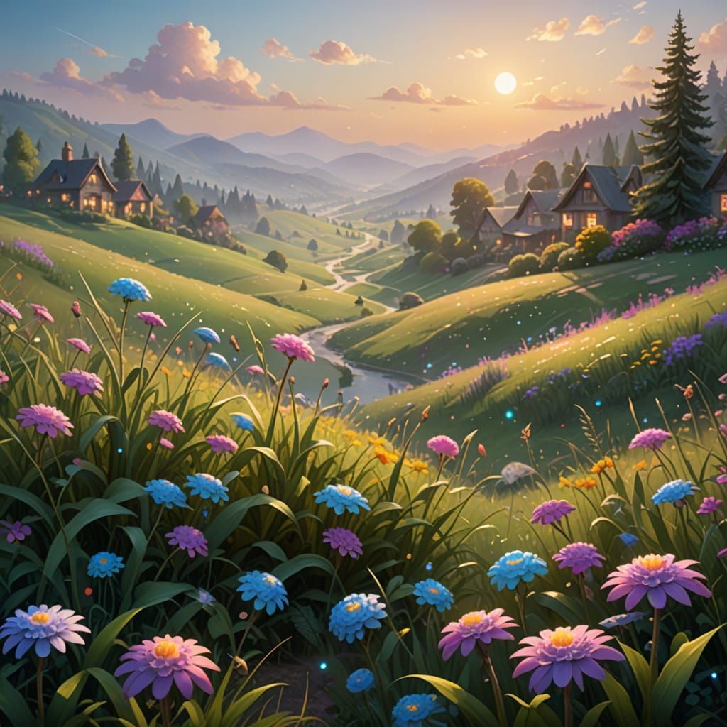Ethereal Meadow Concept Art in Thomas Kinkade Style