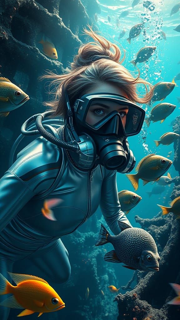 Scuba Diver Explores Shipwreck in Digital Art Style