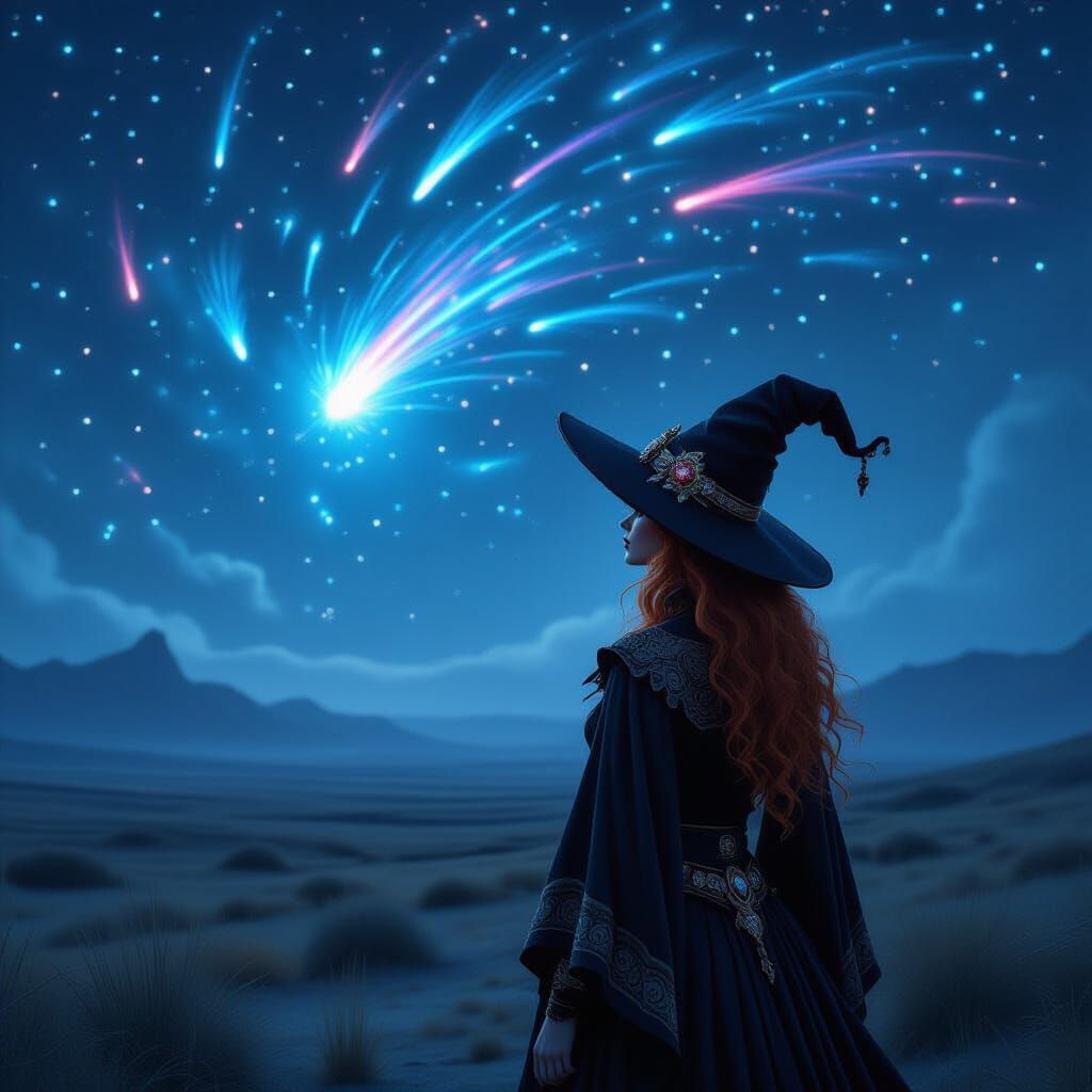 Redhead Witch Observes a Celestial Meteor Shower