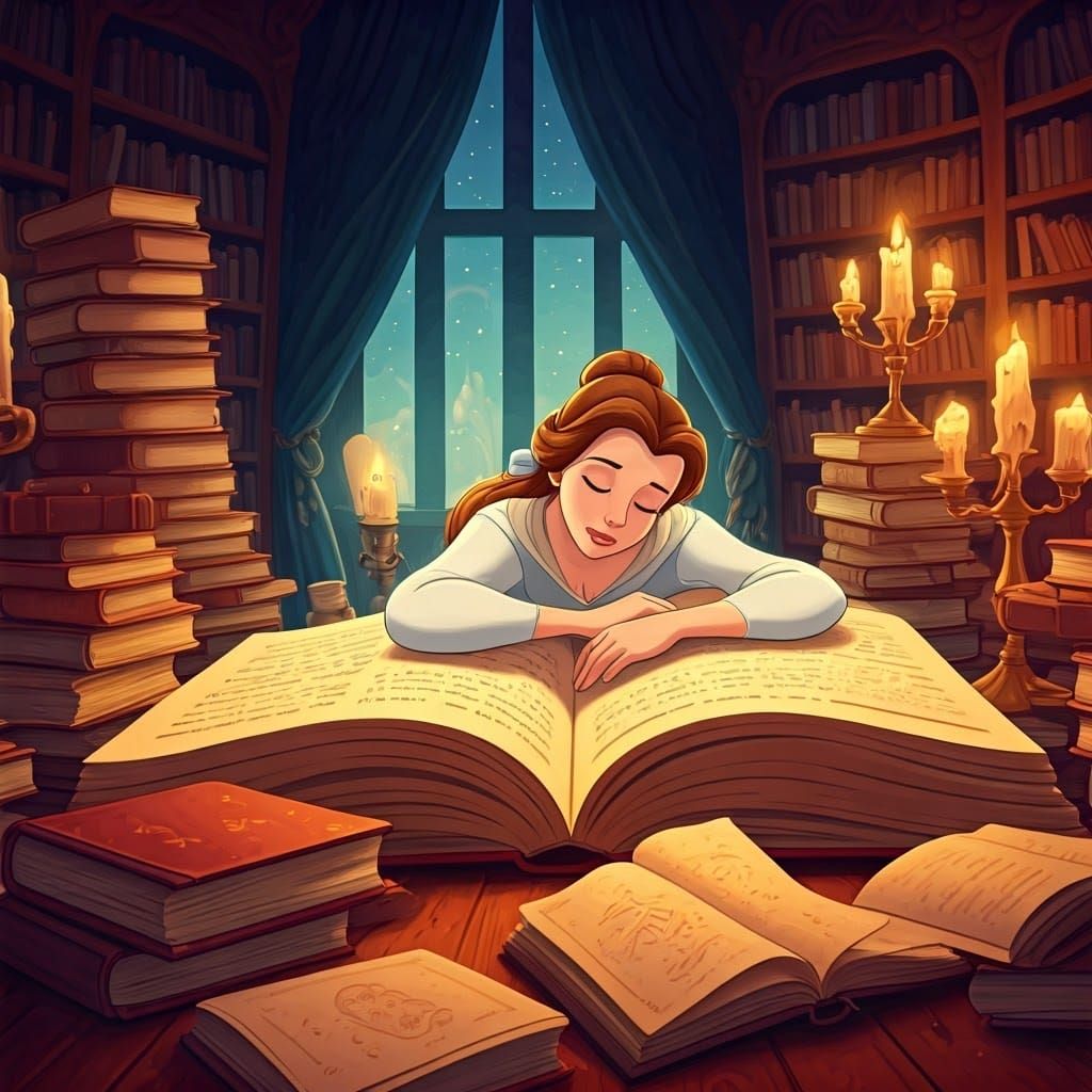 Belle in Dreamlike Library, Storybook Illustration