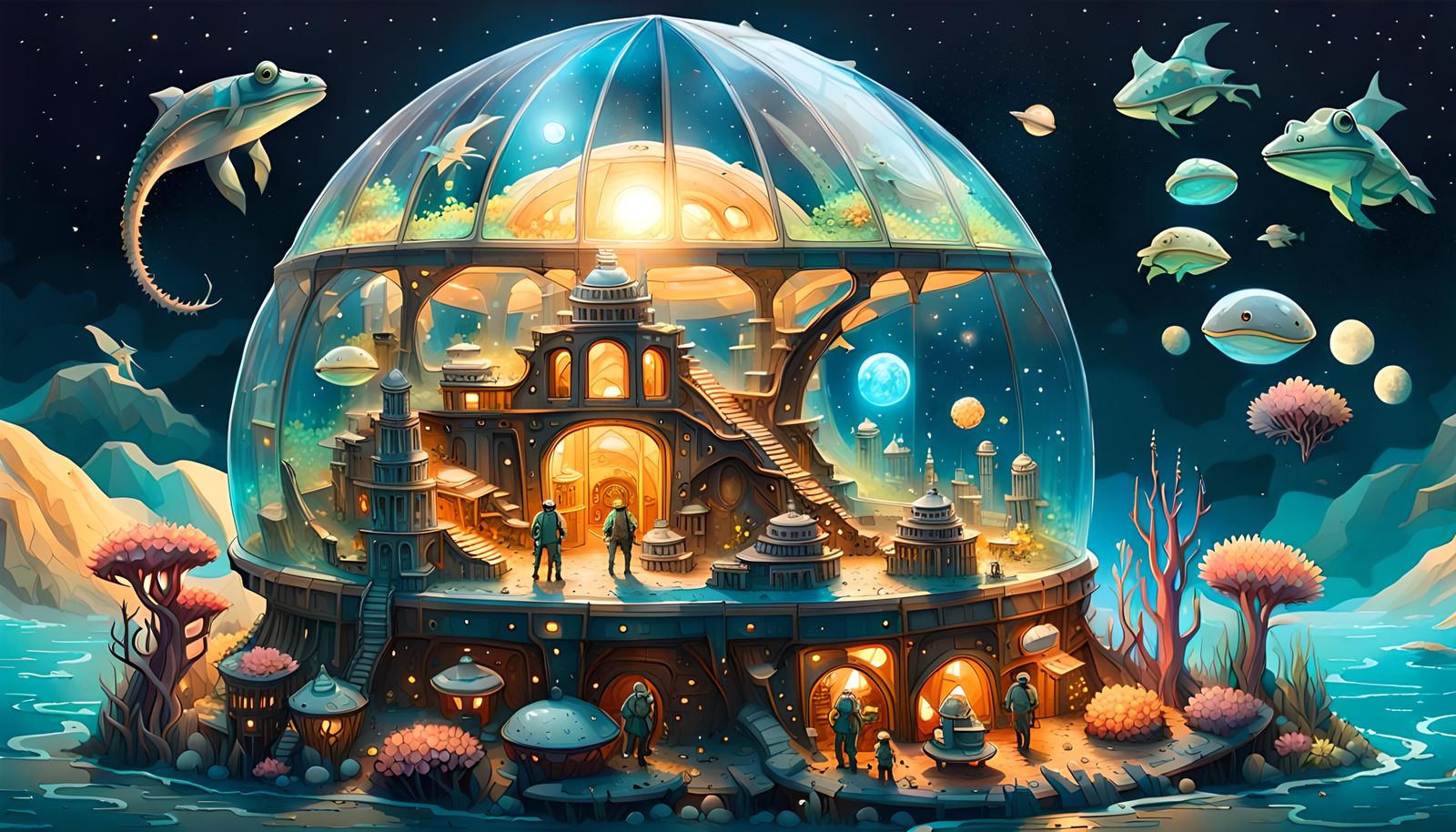 Steampunk Frog Village and Fantasy Scenes