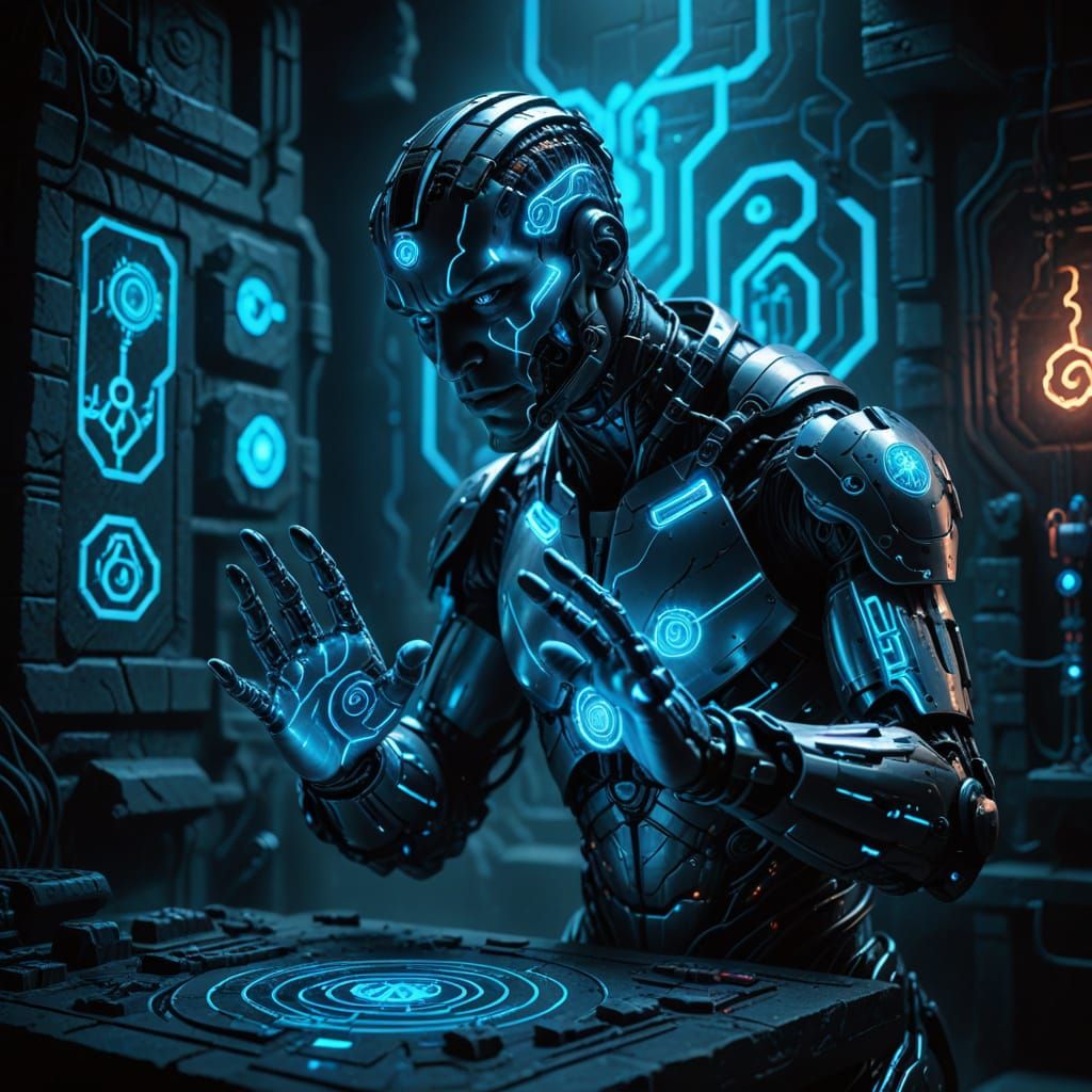 Cyborg Wizard Casting Spell in Neon Noir Lab