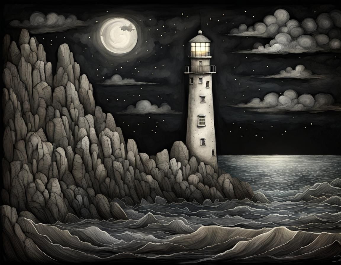 Lighthouse Seascape: Minimalist Chalk Art on Black Paper