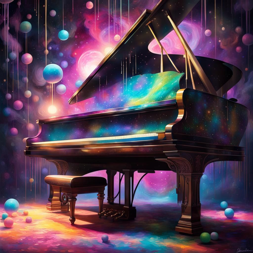 Eerie Glowing Grand Piano in Graffiti Art Style