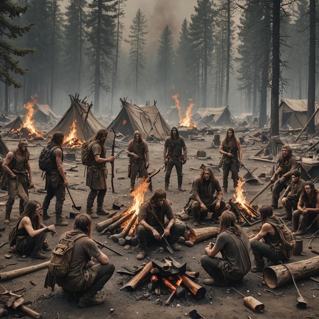 Dystopian Axe-Hunting Tribe Around Campfire